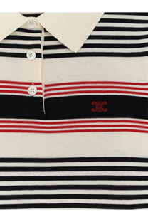 Celine women’s striped cotton polo sweater in black white and red with cream collar and white buttons