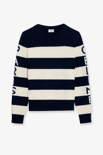 Celine women’s navy blue and off-white striped wool sweater with bold sleeve lettering and classic crew neck design