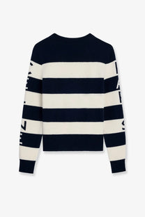 Celine women’s striped wool sweater in navy and cream knit with bold lettering on the sleeves