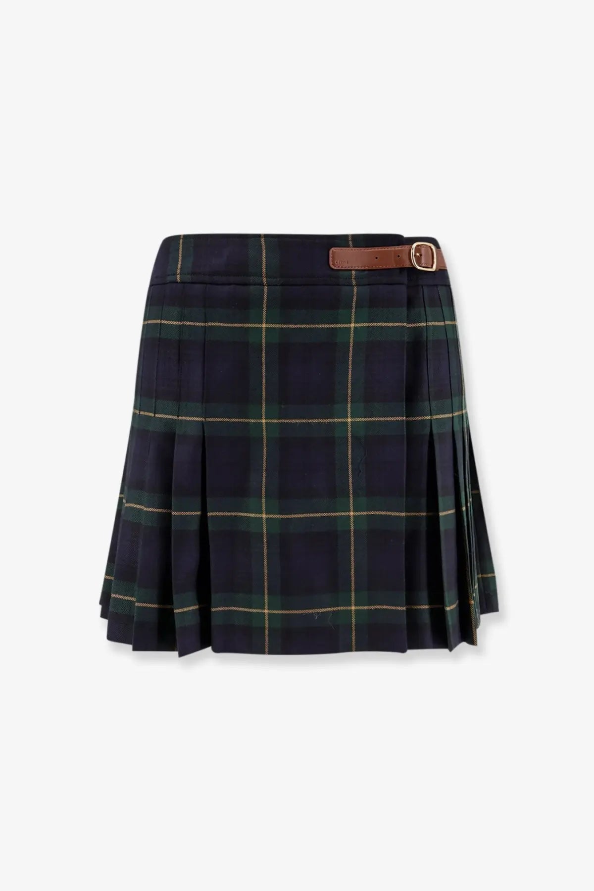 Celine womens tartan wool kilt miniskirt in dark navy and green plaid with brown leather belt buckle