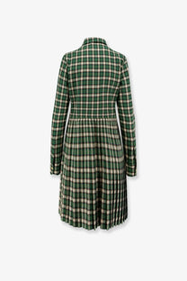 Celine women’s green tartan wool mini dress with beige plaid pattern, pleated skirt, collar, and long sleeves