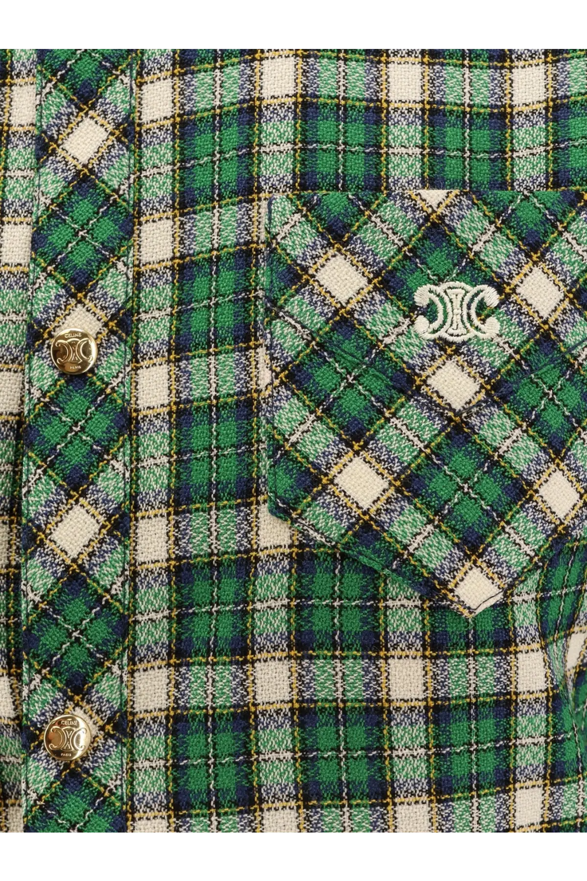 Celine women’s tartan wool mini dress in green with cream plaid flannel, subtle blue grid, gold-tone buttons, and chest logo