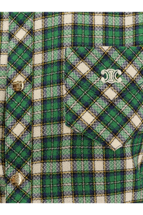 Celine women’s tartan wool mini dress in green with cream plaid flannel, subtle blue grid, gold-tone buttons, and chest logo