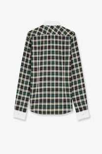 Celine women’s tartna green cotton shirt with dark green and white plaid pattern and crisp white collar and cuffs