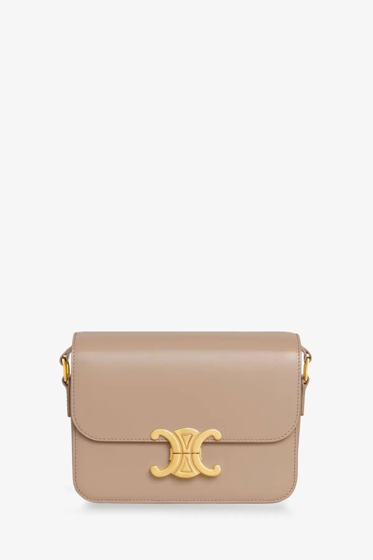 Celine women’s beige leather crossbody bag with gold-tone c-shaped clasp for stylish everyday use