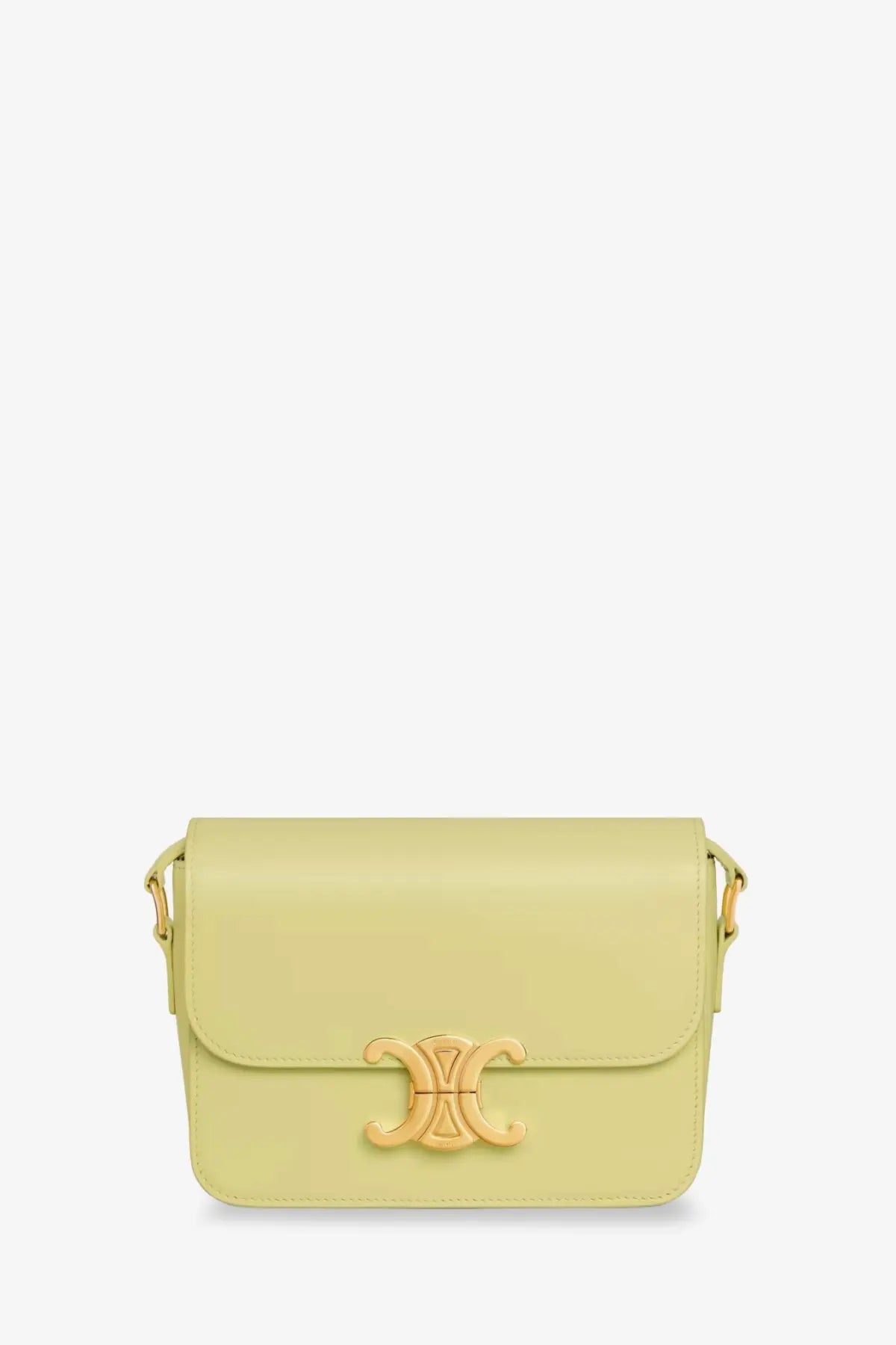 Celine women’s teen triomphe pale yellow leather crossbody bag with gold-tone cc logo clasp