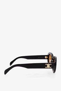 Celine women’s triomphe black acetate sunglasses with round lenses and gold-tone c-shaped logo on temples