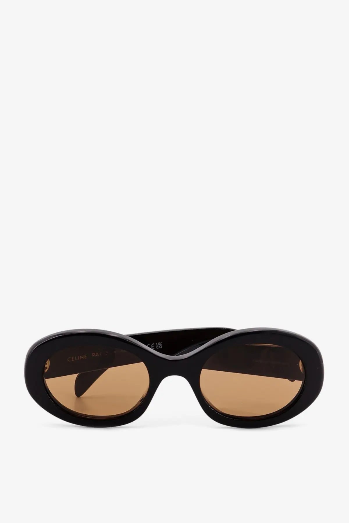 Celine women’s triomphe black acetate sunglasses with black oval frames and brown tinted lenses in a modern design