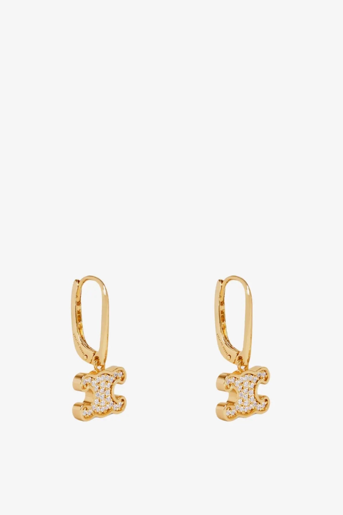 Gold-tone celine womens triomphe brass earrings with logo design and pave diamond finish