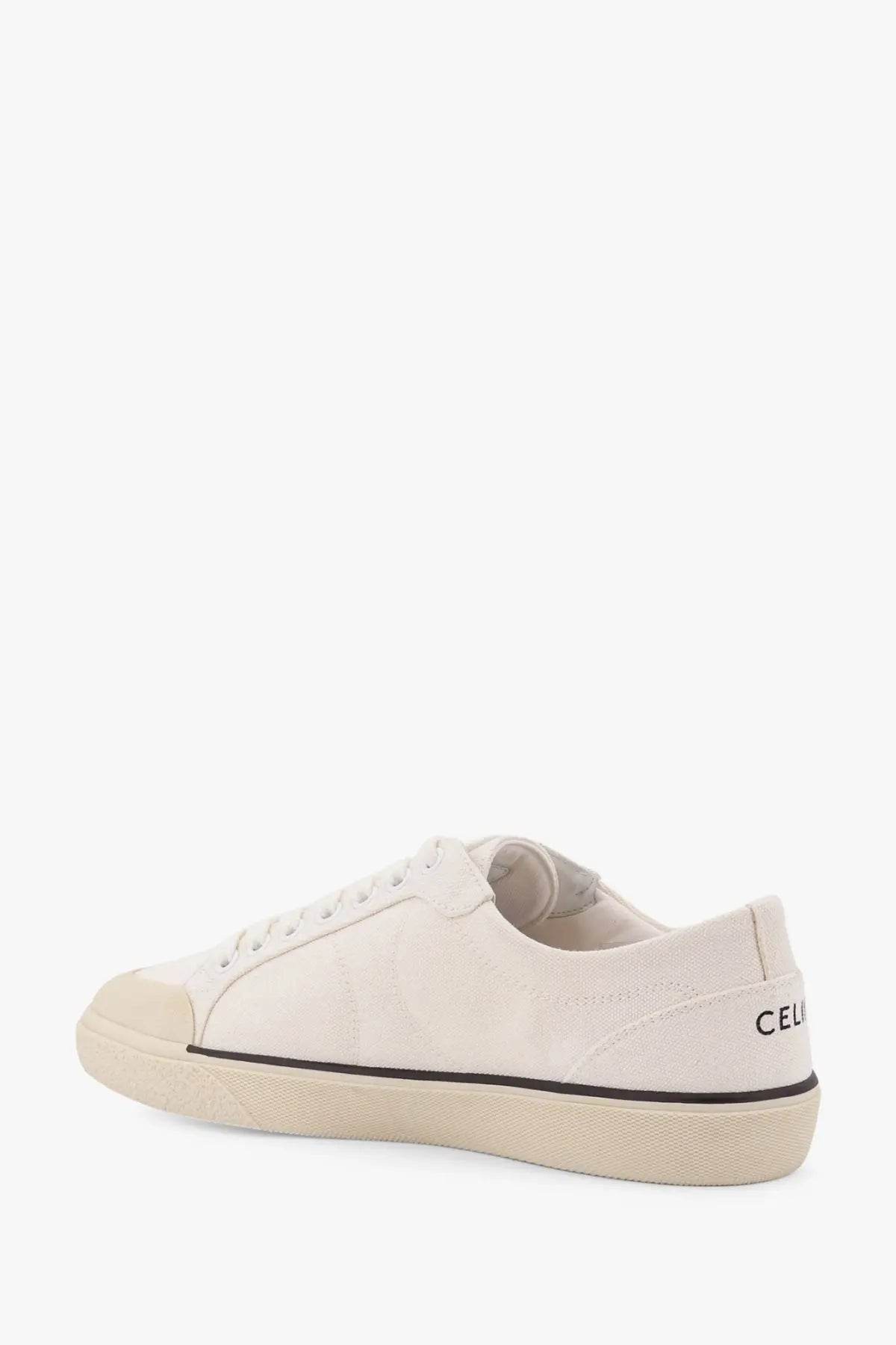 Celine women’s triomphe canvas sneakers white cream low-top with black stitching and matching rubber sole