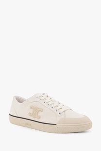 Celine women’s triomphe canvas sneakers white cream with subtle beige logo and matching laces for casual wear