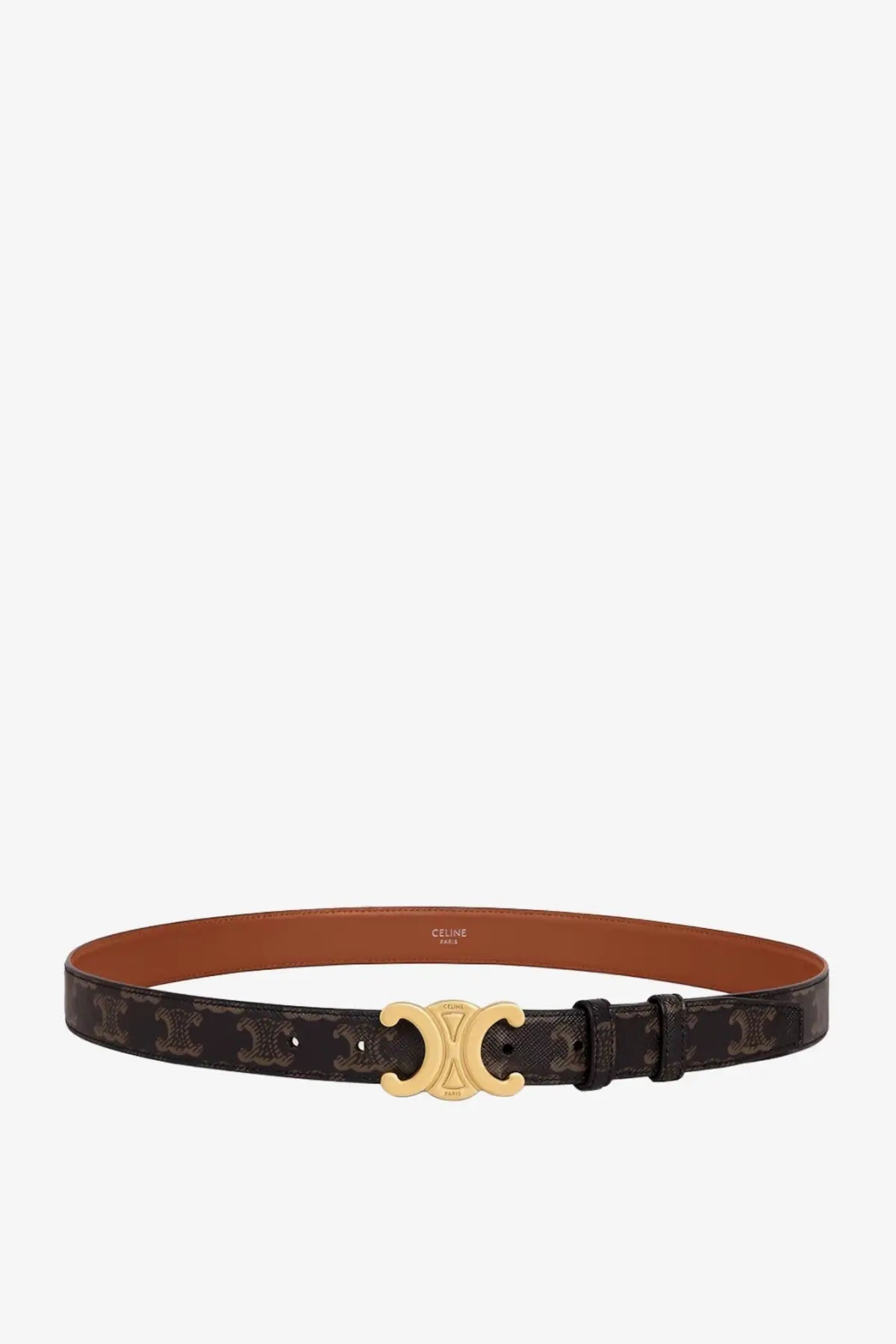 Black celine women’s coated canvas belt with gold-tone double c buckle and repeating monogram pattern in beige