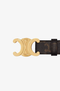 Celine women’s beige triomphe coated canvas belt with gold-tone paris buckle and black textured leather strap