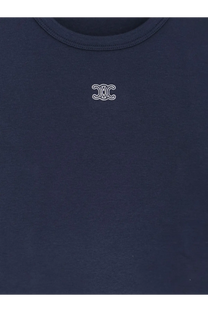 Navy blue cotton t-shirt with a small white embroidered logo on the chest from celine women’s triomphe collection