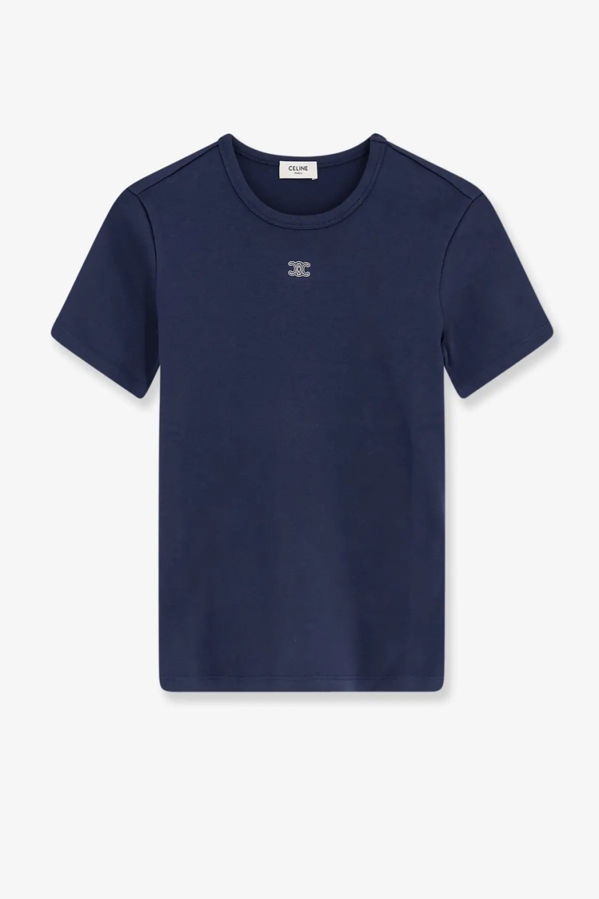 Navy blue Celine women’s triomphe cotton blend t-shirt with subtle embroidered logo on the chest