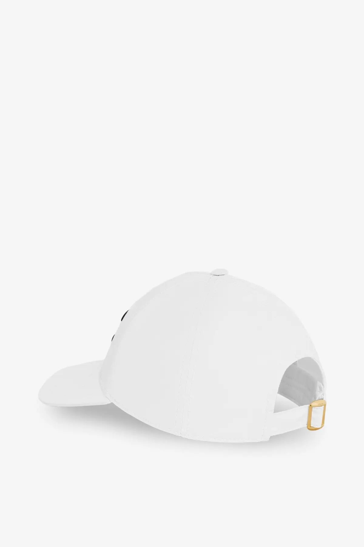 White cotton baseball cap by Celine with gold-tone buckle and black embroidered details shown from the back