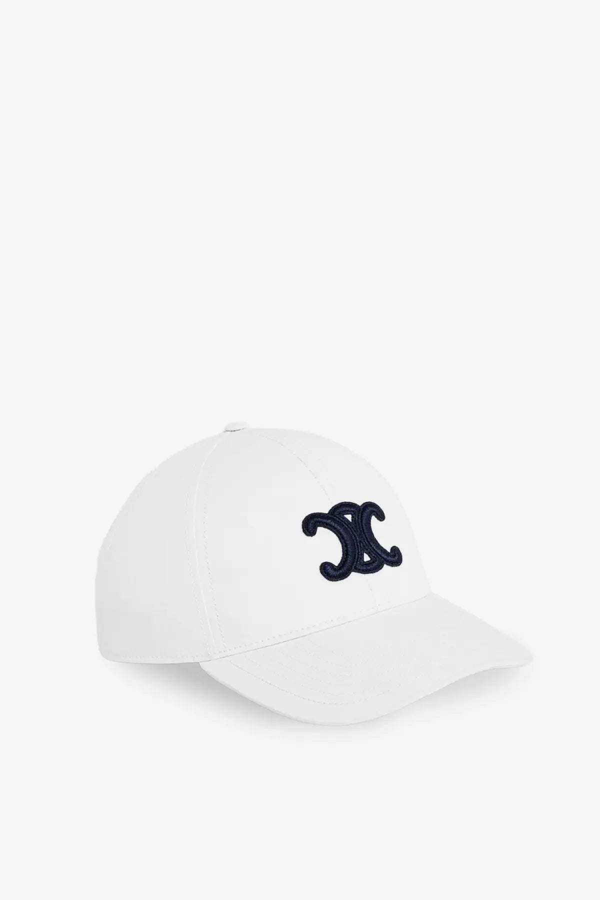Celine women’s triomphe white cotton baseball cap with navy blue embroidered logo on the front