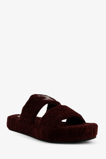 Celine womens red maroon velvet platform slide sandal with dual straps and fur shearling accents