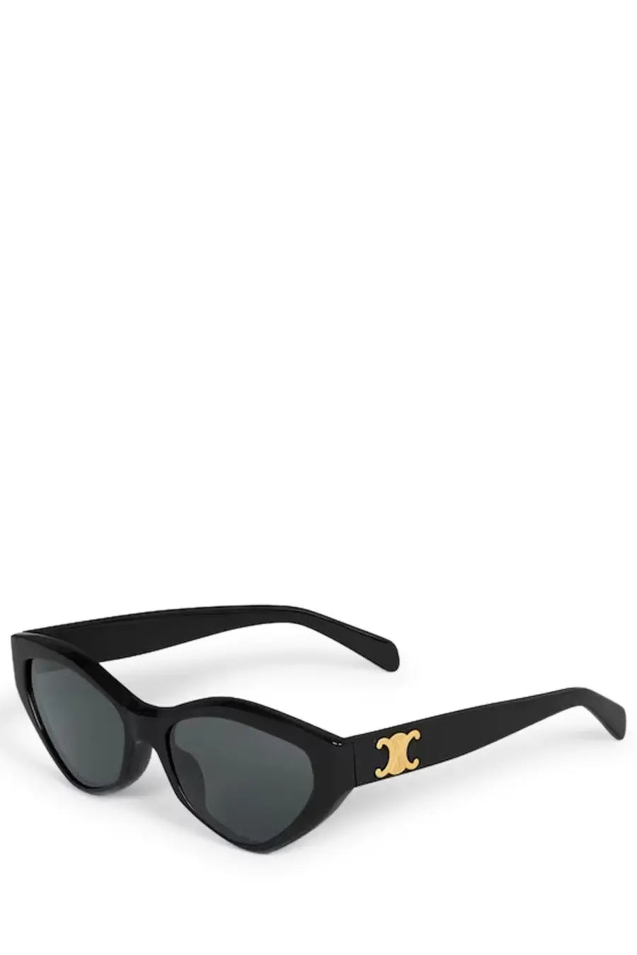 Celine women’s triomphe black cat-eye sunglasses with dark gray lenses and gold-tone c-shaped logo on the temple