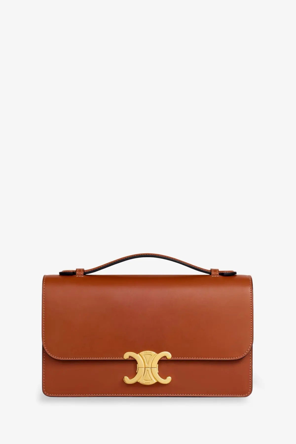 Brown leather celine triomphe crossbody bag with gold-tone cc logo clasp and top handle in beige