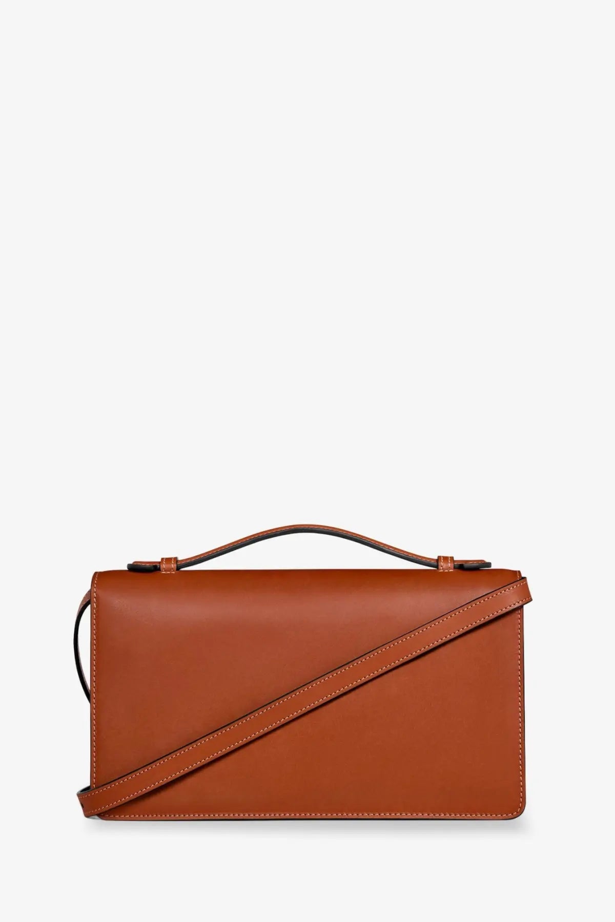 A sleek tan leather crossbody bag with minimalist design and dark brown handles from Celine womens Triomphe collection