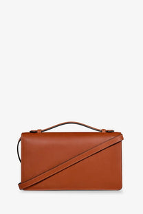 A sleek tan leather crossbody bag with minimalist design and dark brown handles from Celine womens Triomphe collection
