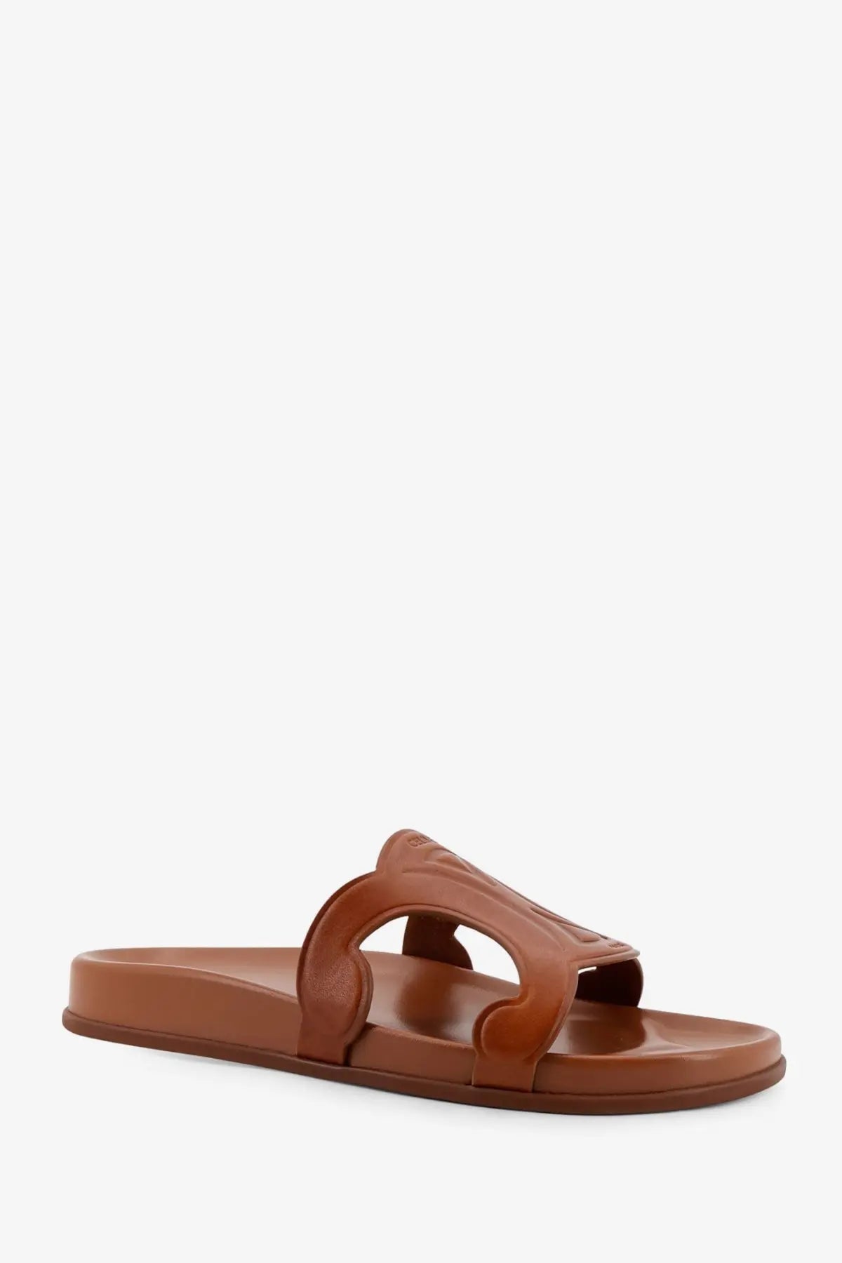 Celine women’s beige leather slide sandal with distinctive sculpted strap design in brown leather
