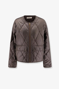 Celine women’s dark gray quilted jacket with diamond-stitched pattern and subtle embroidered brand logos