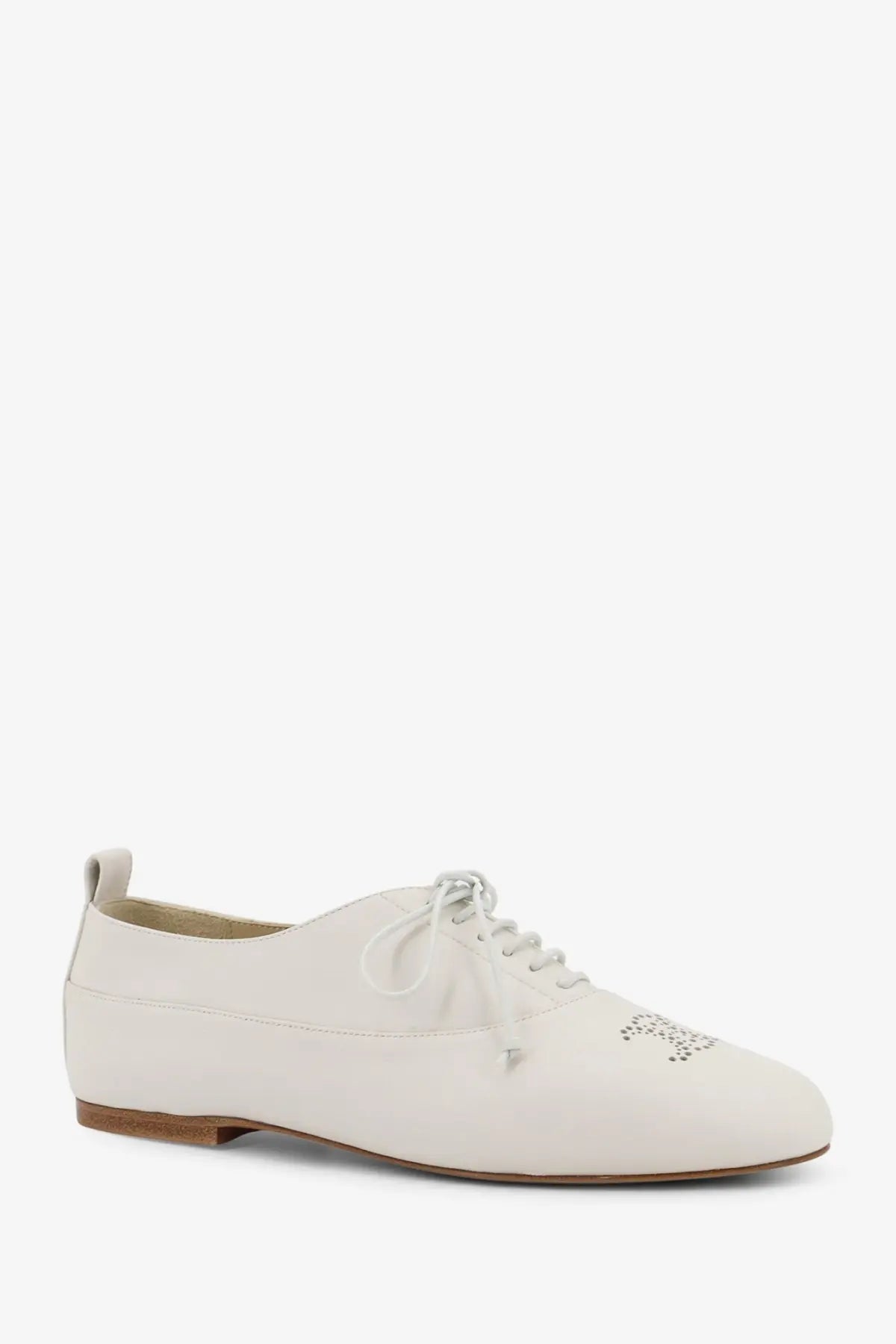 Celine women’s triomphe richelieu white leather oxford shoe with subtle perforated detailing on the toe