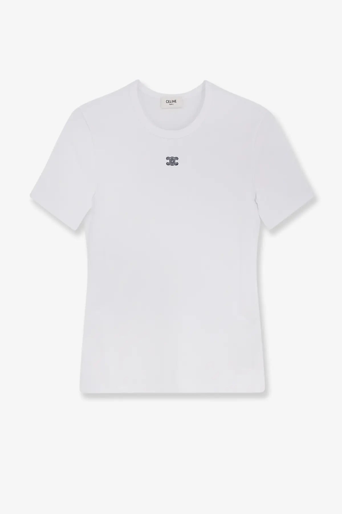 Celine women’s triomphe white cotton blend t-shirt with small embroidered logo on the chest