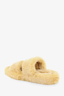 Celine women’s brown triomphe slide shearling sandals with cream-colored faux fur dual strap and plush texture
