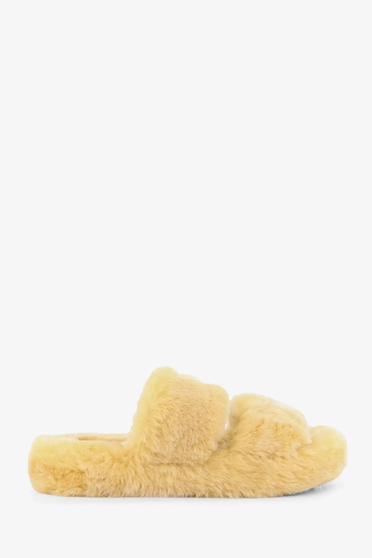 Celine women’s triomphe slide shearling sandals in soft pale yellow faux fur with a plush two-strap design