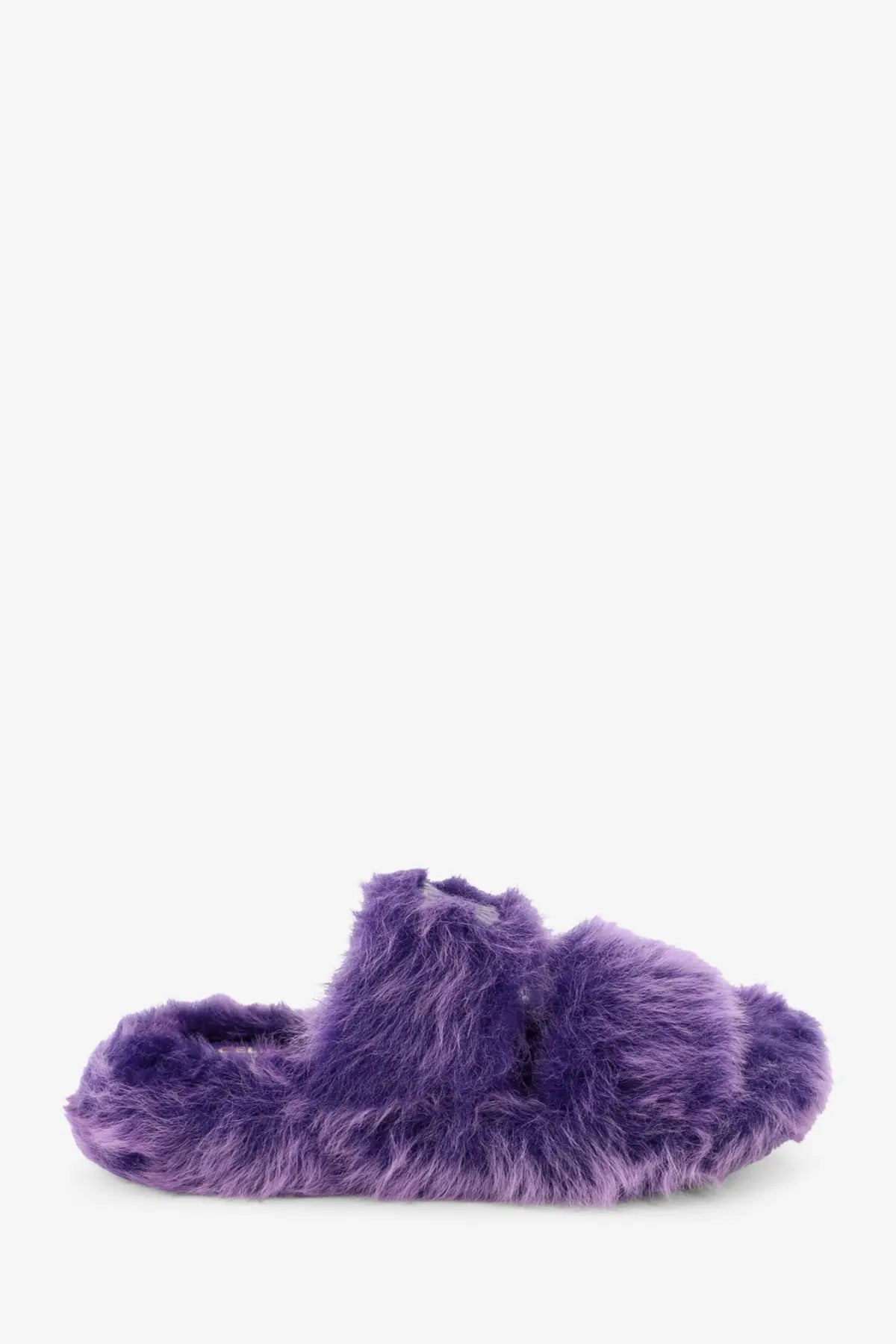 Celine women’s triomphe slide shearling sandals in purple with plush soft texture and wide strap design