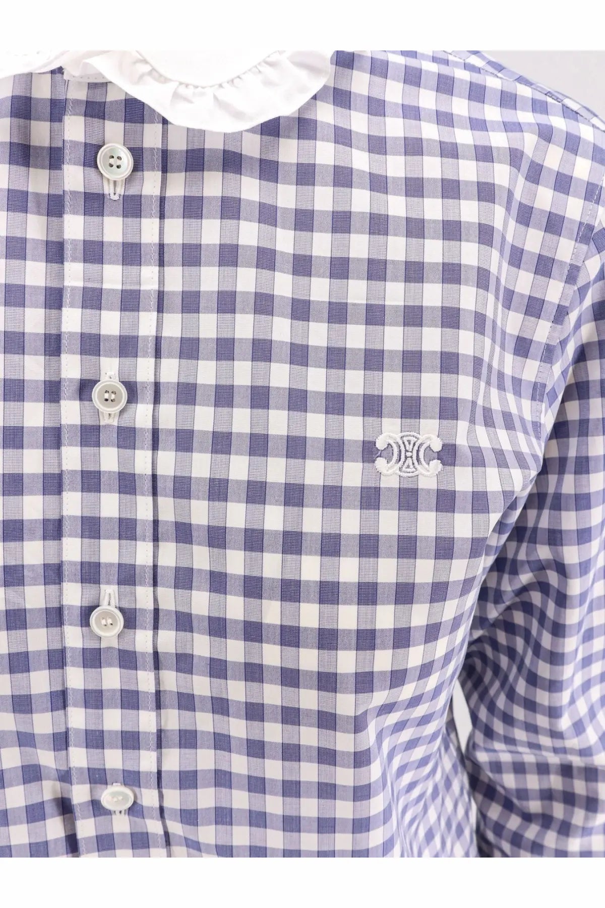 Celine women’s white vichy cotton shirt with lavender gingham pattern delicate ruffled collar and embroidered logo