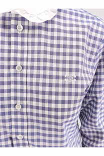 Celine women’s white vichy cotton shirt with lavender gingham pattern delicate ruffled collar and embroidered logo