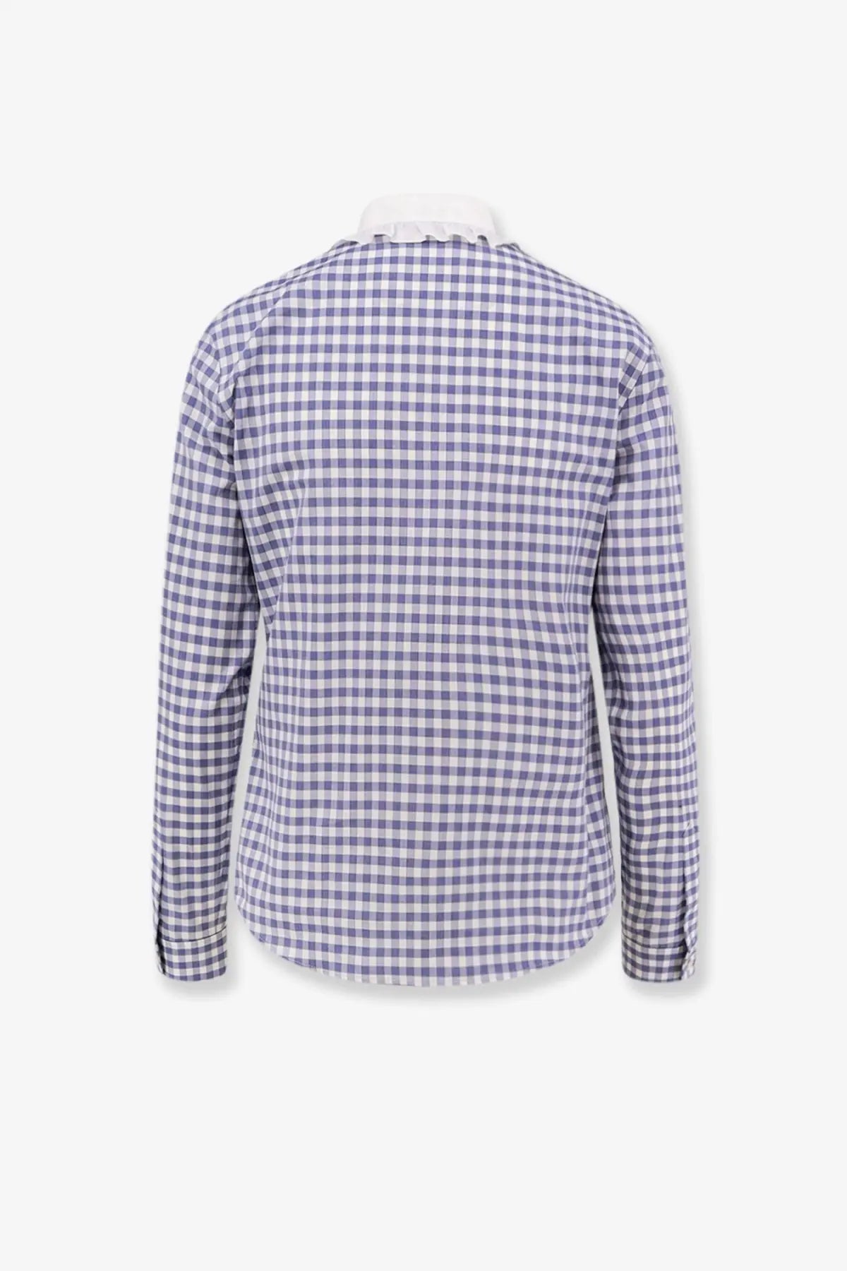Celine women’s long-sleeved Vichy cotton shirt in white with a classic purple and white gingham pattern and crisp collar