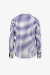 Celine women’s long-sleeved Vichy cotton shirt in white with a classic purple and white gingham pattern and crisp collar