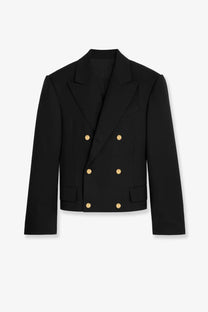 Celine women’s black virgin wool double-breasted blazer with gold-tone buttons and structured shoulders