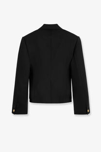 Black celine women’s virgin wool blazer showing the structured back with gold-tone buttons at the cuffs