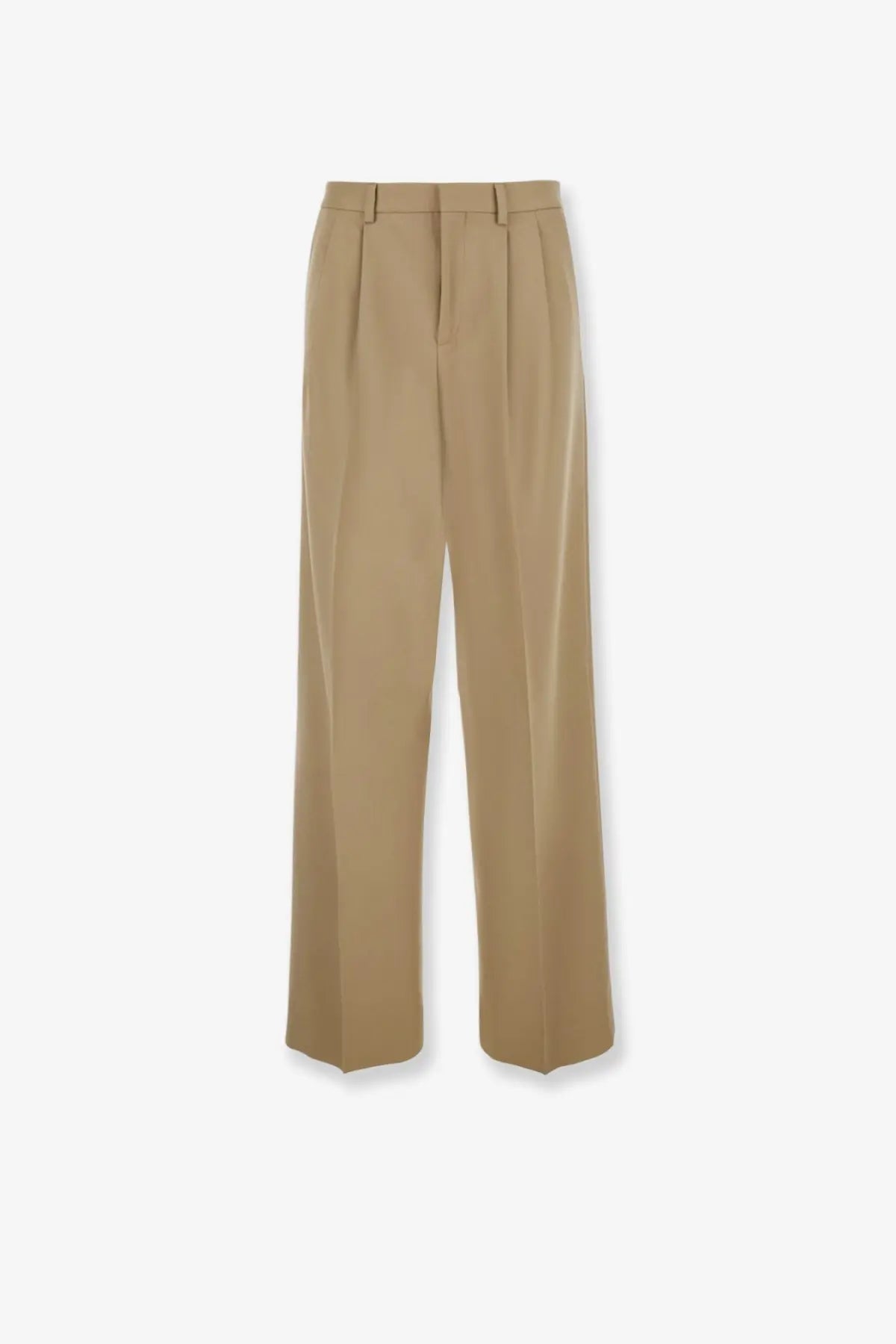 Beige celine women’s wool and cotton trousers with pleated wide legs and tailored waistband in front view
