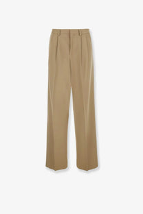 Beige celine women’s wool and cotton trousers with pleated wide legs and tailored waistband in front view
