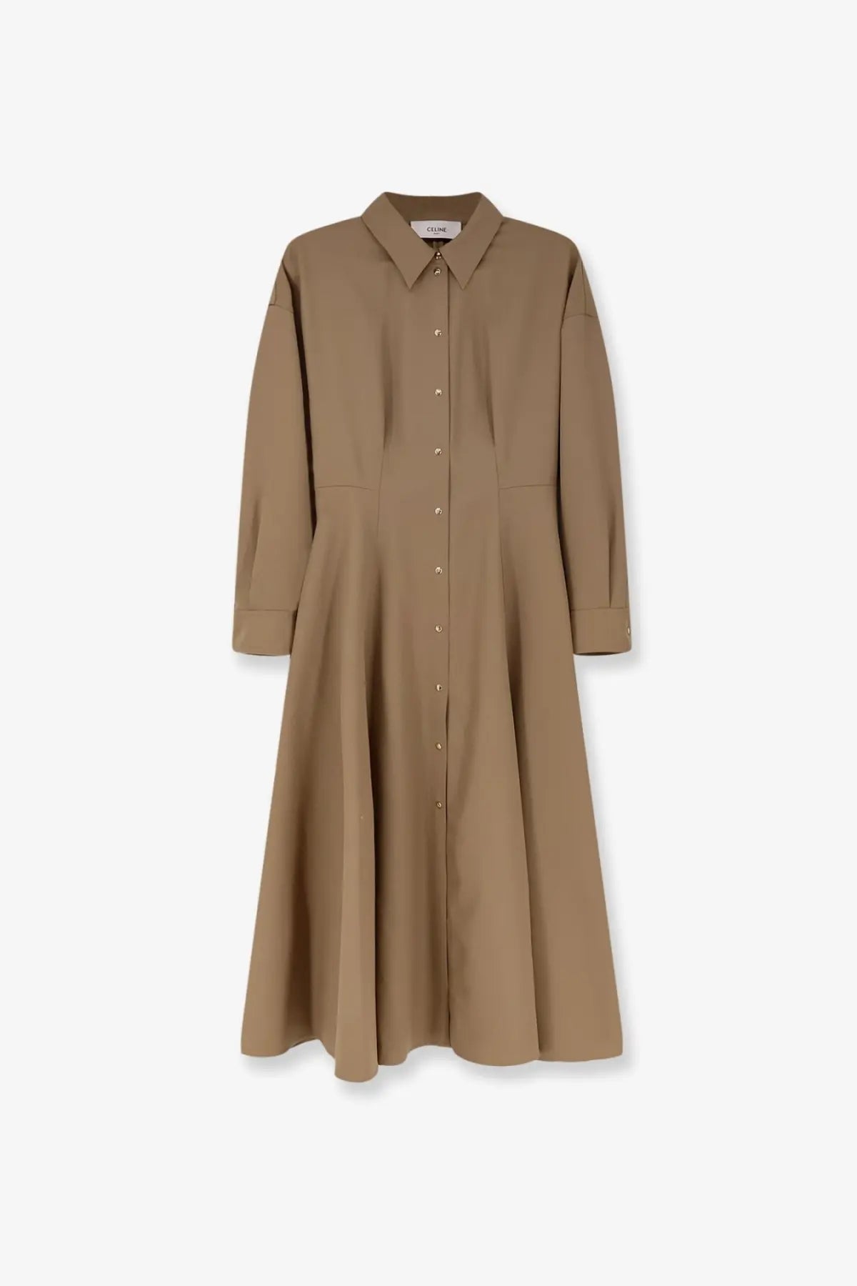 A camel-colored celine women’s wool shirt dress with a tailored collar and flared skirt in beige