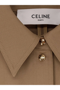 Tan celine paris wool shirt dress beige with gold-tone skull buttons and structured collar front view