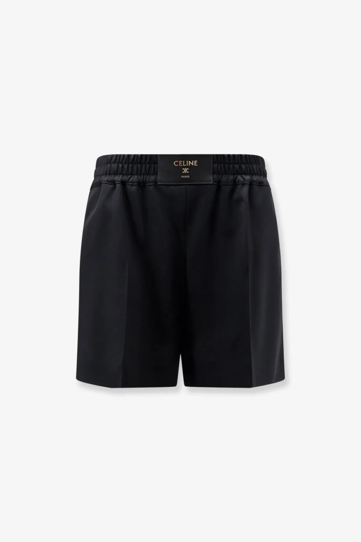 Black celine women’s wool shorts with a sleek satin finish and elastic waistband featuring the brand logo