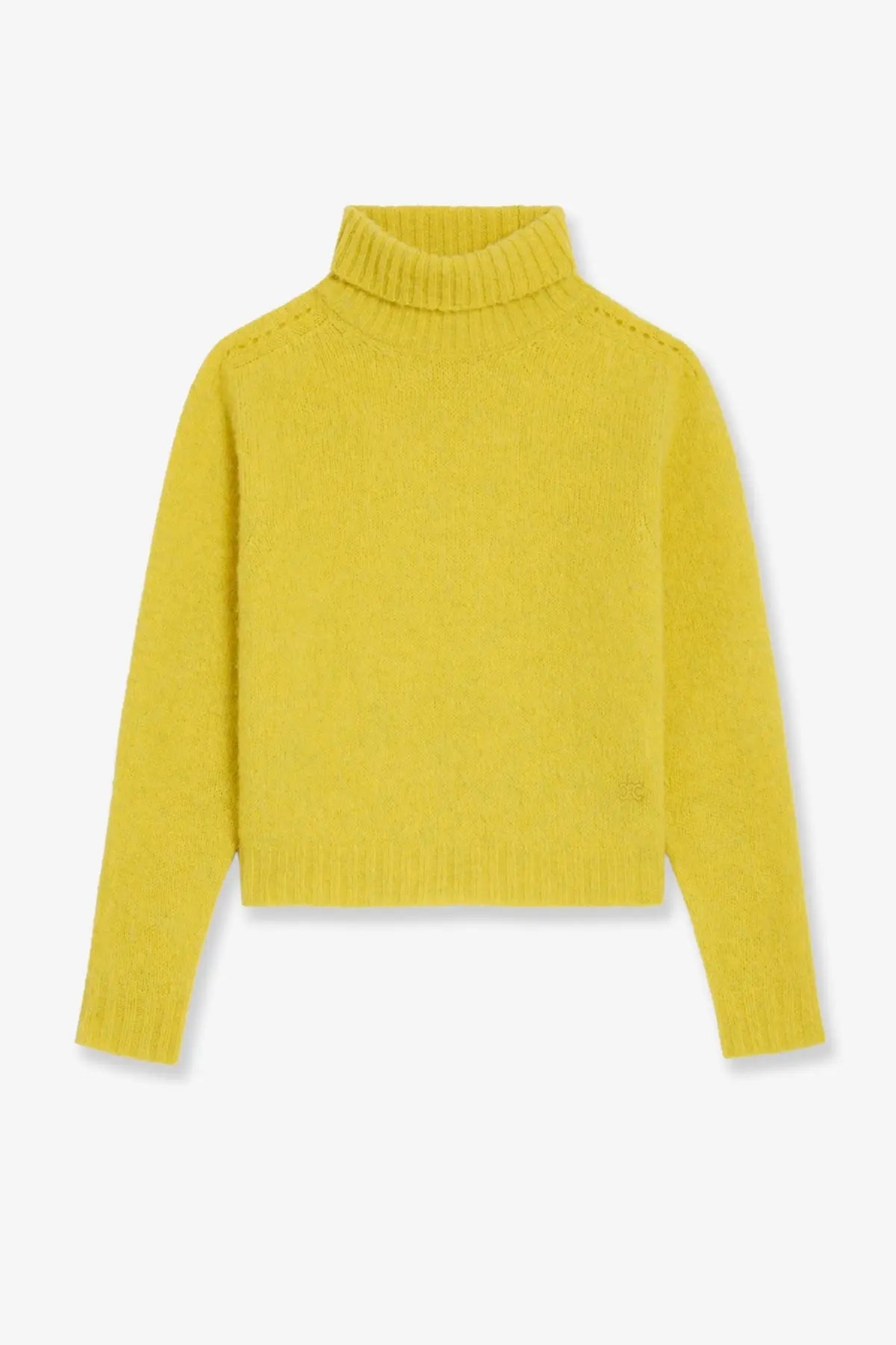 A vibrant yellow wool turtleneck sweater with ribbed texture and subtle brand logo by Celine women’s collection