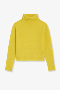 A vibrant yellow wool turtleneck sweater by Celine with ribbed texture and subtle brand logo on the lower left side