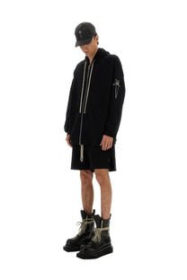Black Champion x Rick Owens men’s jumbo Jasons hoodie with white drawstrings and star logo on sleeve in black