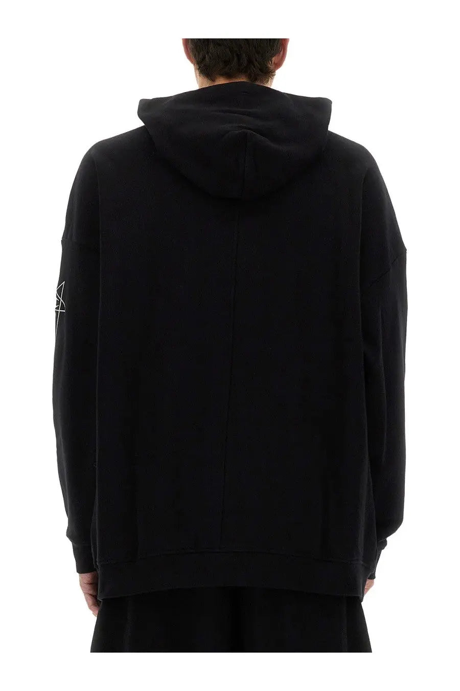 Black champion x rick owens men’s jumbo jasons hoodie with subtle white geometric logo on left sleeve