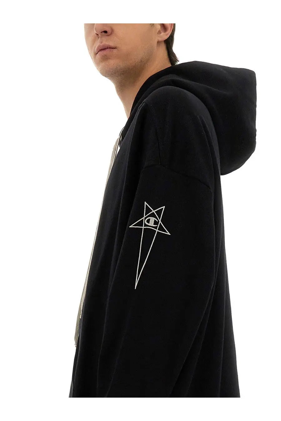 Black champion x rick owens men’s jumbo jasons hoodie with white embroidered star logo on the sleeve