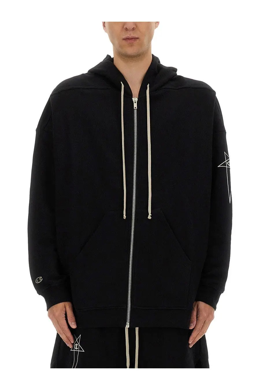 Champion x Rick Owens men’s black zip-up hoodie with cream drawstrings and white star embroidery on sleeve and front